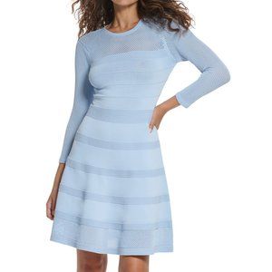 Vince Camuto 3/4" Mesh Sleeve Fit-and-Flare Dress, Size Medium